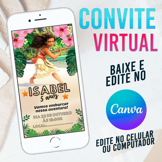 Moana convite Editável no Canva. Convite Virtual Moana. Convite Virtual Moana Template Canva.