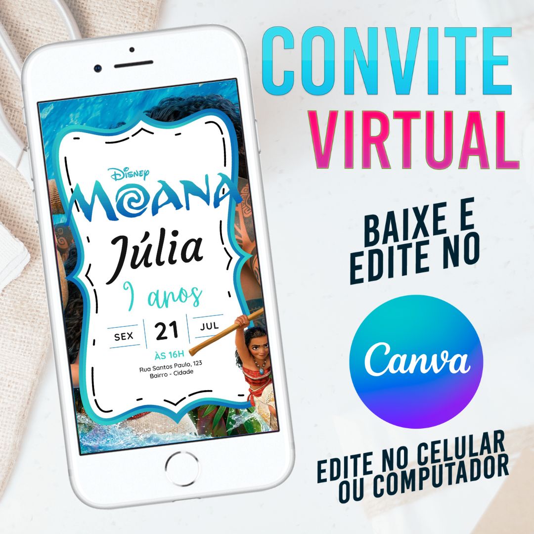 Moana convite Editável no Canva. Convite Virtual Moana. Convite Virtual Moana Template Canva.