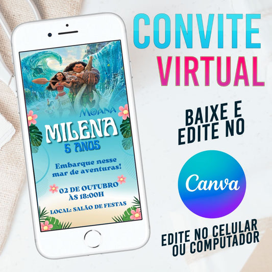 Moana convite Editável no Canva. Convite Virtual Moana. Convite Virtual Moana Template Canva.