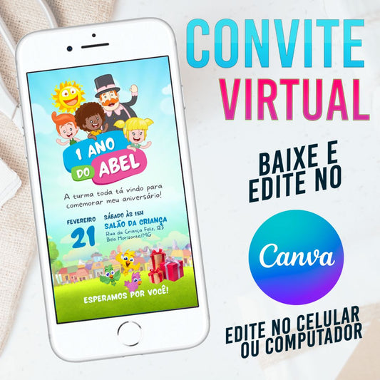 Mundo Bita convite Editável no Canva. Convite Virtual Mundo Bita. Convite Virtual Mundo Bita Template Canva.