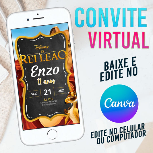 O Rei Leão convite Editável no Canva. Convite Virtual O Rei Leão. Convite Virtual O Rei Leão Template Canva.
