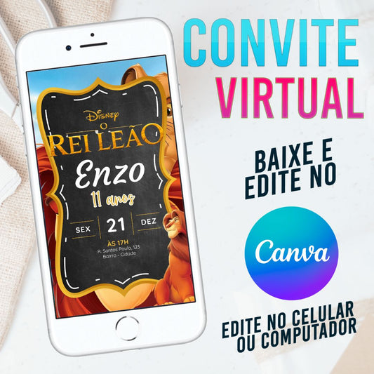 O Rei Leão convite Editável no Canva. Convite Virtual O Rei Leão. Convite Virtual O Rei Leão Template Canva.