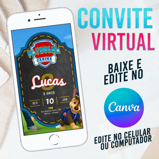Patrulha Canina convite Editável no Canva. Convite Virtual Patrulha Canina. Convite Virtual Patrulha Canina Template Canva.