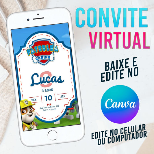 Patrulha Canina convite Editável no Canva. Convite Virtual Patrulha Canina. Convite Virtual Patrulha Canina Template Canva.