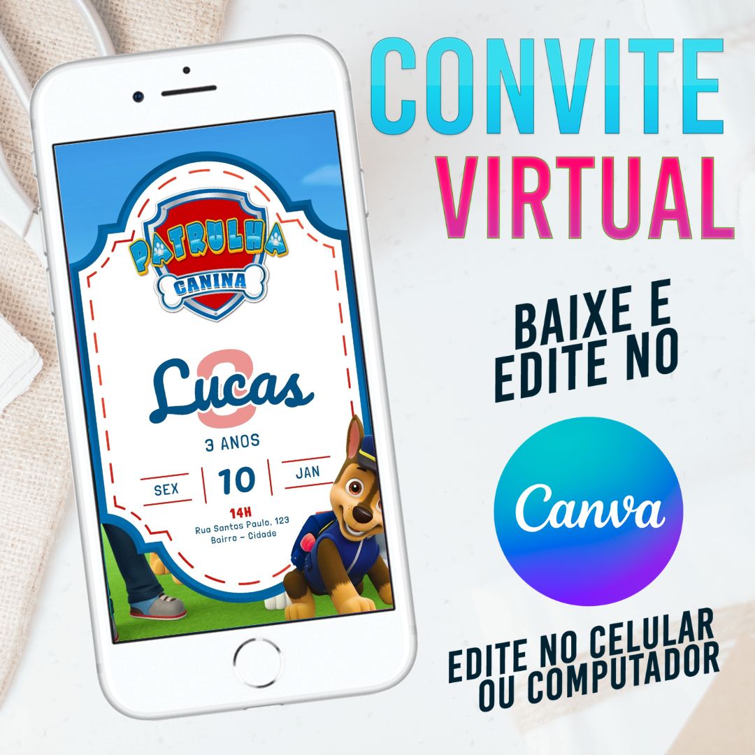 Patrulha Canina convite Editável no Canva. Convite Virtual Patrulha Canina. Convite Virtual Patrulha Canina Template Canva.