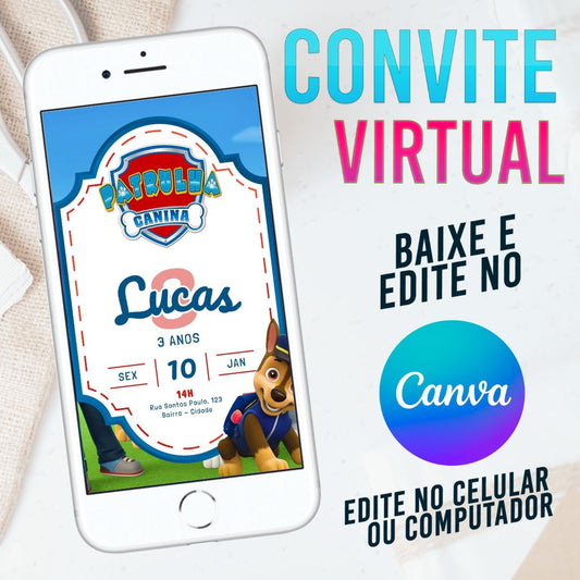 Patrulha Canina convite Editável no Canva. Convite Virtual Patrulha Canina. Convite Virtual Patrulha Canina Template Canva.