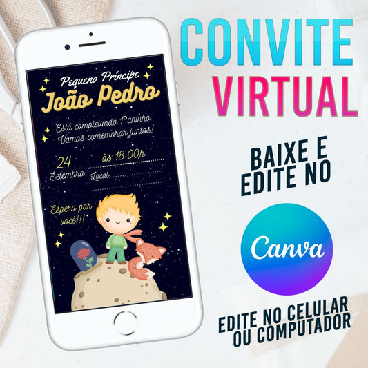 Pequeno Príncipe convite Editável no Canva. Convite Virtual Pequeno Príncipe. Convite Virtual Pequeno Príncipe Template Canva. (cópia)