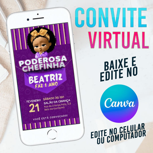 Poderosa Chefinha convite Editável no Canva. Convite Virtual Poderosa Chefinha. Convite Virtual Poderosa Chefinha Template Canva.