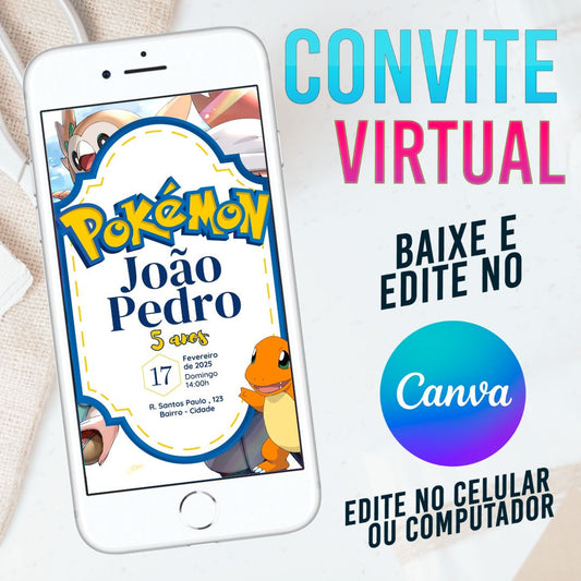 Pokémon convite Editável no Canva. Convite Virtual Pokémon . Convite Virtual Pokémon Template Canva.