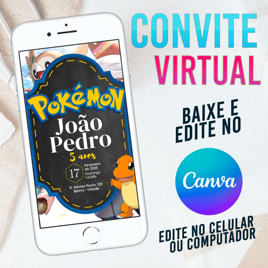 Pokémon convite Editável no Canva. Convite Virtual Pokémon . Convite Virtual Pokémon Template Canva.