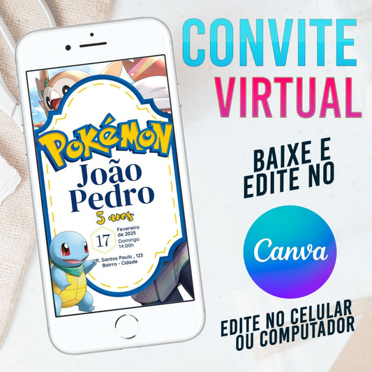 Pokémon convite Editável no Canva. Convite Virtual Pokémon . Convite Virtual Pokémon Template Canva.
