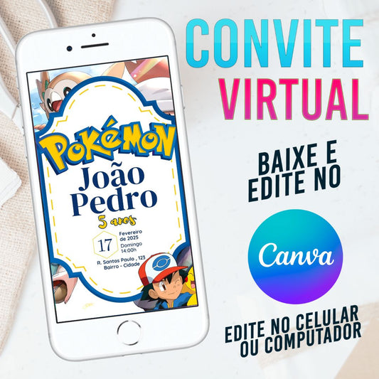 Pokémon convite Editável no Canva. Convite Virtual Pokémon . Convite Virtual Pokémon Template Canva.