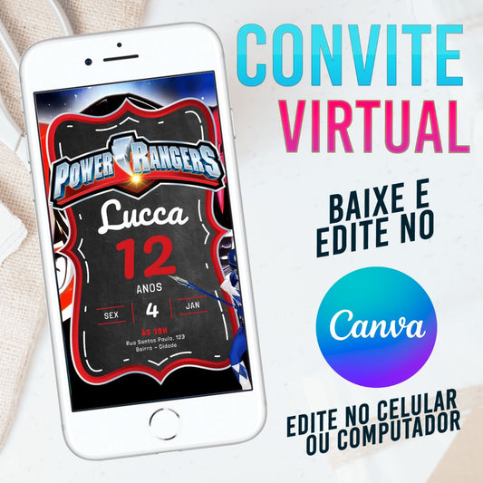 Power Rangers convite Editável no Canva. Convite Virtual Power Rangers. Convite Virtual Power Rangers Template Canva.