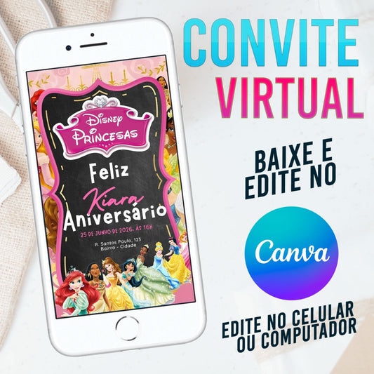 Princesas da Disney convite Editável no Canva. Convite Virtual Princesas da Disney. Convite Virtual Princesas da Disney Template Canva.