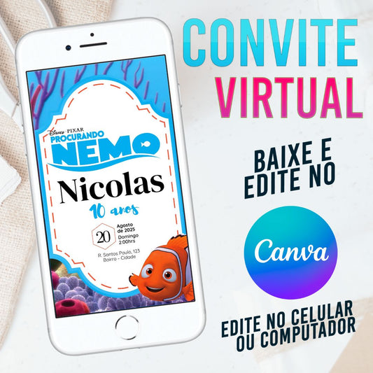 Procurando Nemo convite Editável no Canva. Convite Virtual Procurando Nemo. Convite Virtual Procurando Nemo Template Canva.