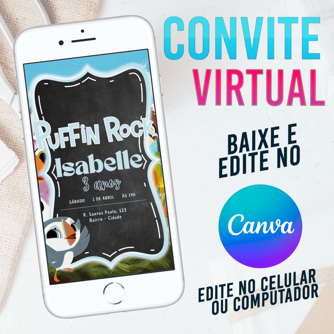 Puffin Rock convite Editável no Canva. Convite Virtual Puffin Rock. Convite Virtual Puffin Rock Template Canva.