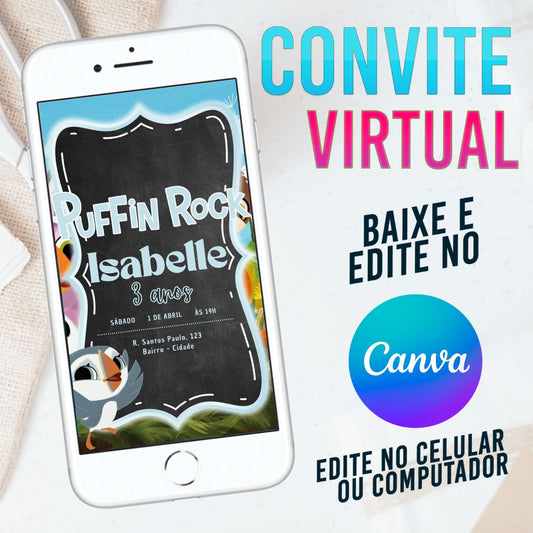 Puffin Rock convite Editável no Canva. Convite Virtual Puffin Rock. Convite Virtual Puffin Rock Template Canva.
