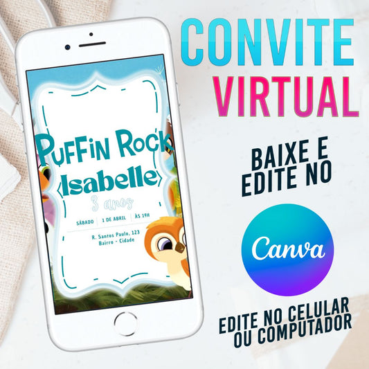 Puffin Rock convite Editável no Canva. Convite Virtual Puffin Rock. Convite Virtual Puffin Rock Template Canva.