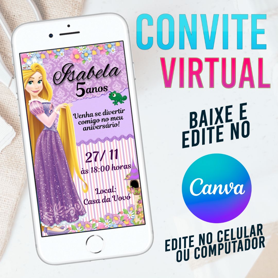 Rapunzel convite Editável no Canva. Convite Virtual Rapunzel. Convite Virtual Rapunzel Template Canva.