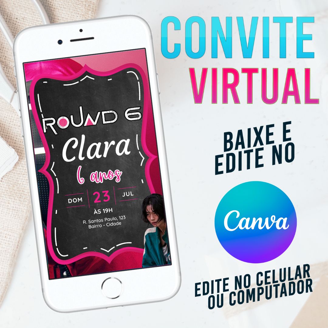 Round 6 convite Editável no Canva. Convite Virtual Round 6. Convite Virtual Round 6 Template Canva.