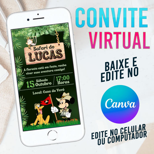 Safari do Mickey convite Editável no Canva. Convite Virtual Safari do Mickey. Convite Virtual Safari do Mickey Template Canva.