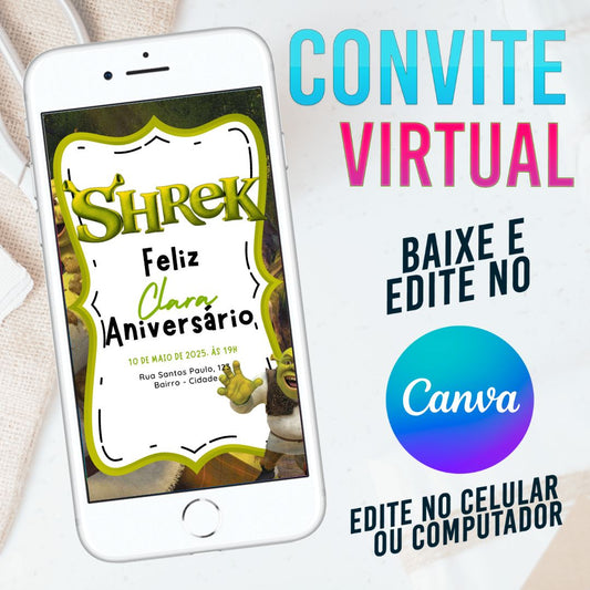 Shrek  convite Editável no Canva. Convite Virtual Shrek . Convite Virtual Shrek Template Canva.