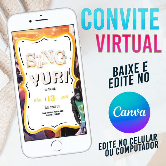 Sing convite Editável no Canva. Convite Virtual Sing. Convite Virtual Sing Template Canva.