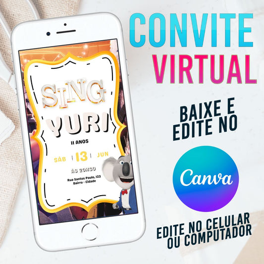 Sing convite Editável no Canva. Convite Virtual Sing. Convite Virtual Sing Template Canva.