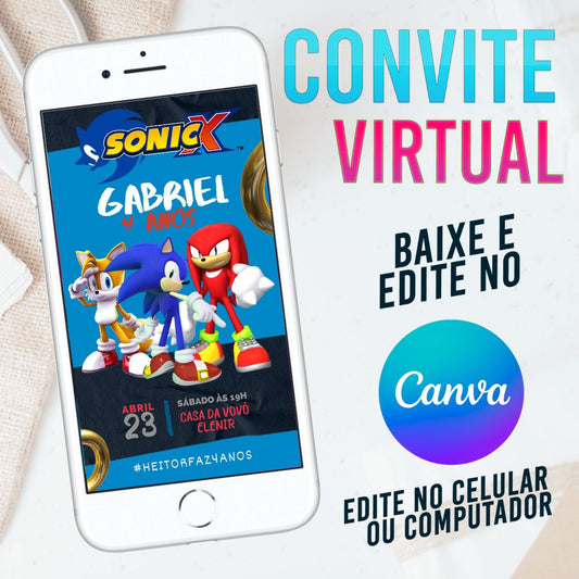 Sonic convite Editável no Canva. Convite Virtual Sonic. Convite Virtual Sonic Template Canva.