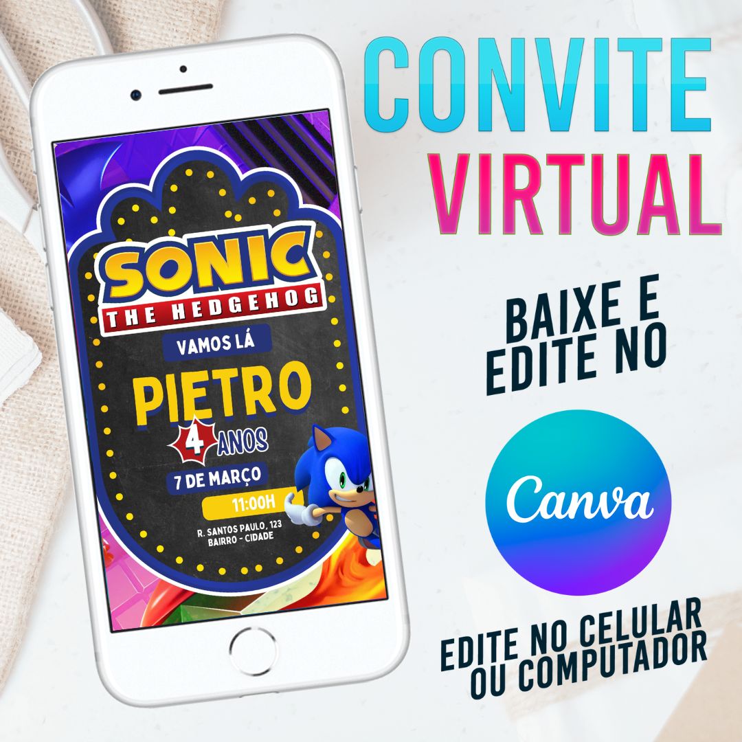 Sonic The Hedgehog convite Editável no Canva. Convite Virtual Sonic The Hedgehog. Convite Virtual Sonic The Hedgehog Template Canva.
