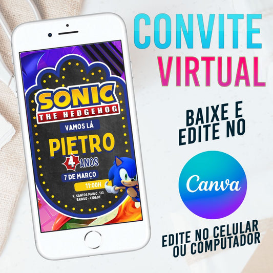 Sonic The Hedgehog convite Editável no Canva. Convite Virtual Sonic The Hedgehog. Convite Virtual Sonic The Hedgehog Template Canva.