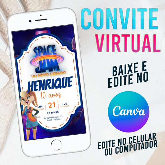 Space Jam convite Editável no Canva. Convite Virtual Space Jam. Convite Virtual Space Jam Template Canva.