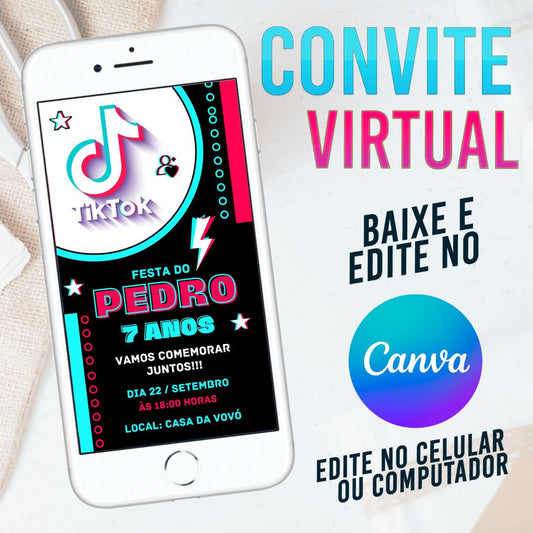 Tik Tok convite Editável no Canva. Convite Virtual Tik Tok. Convite Virtual Tik Tok Template Canva.