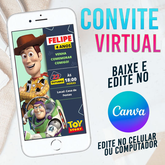 Toy Story convite Editável no Canva. Convite Virtual Toy Story. Convite Virtual Toy Story Template Canva.