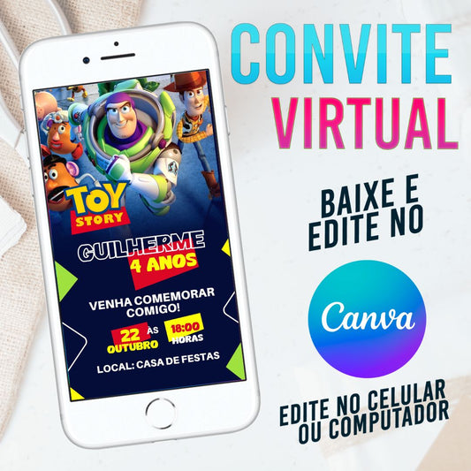 Toy Story convite Editável no Canva. Convite Virtual Toy Story. Convite Virtual Toy Story Template Canva.