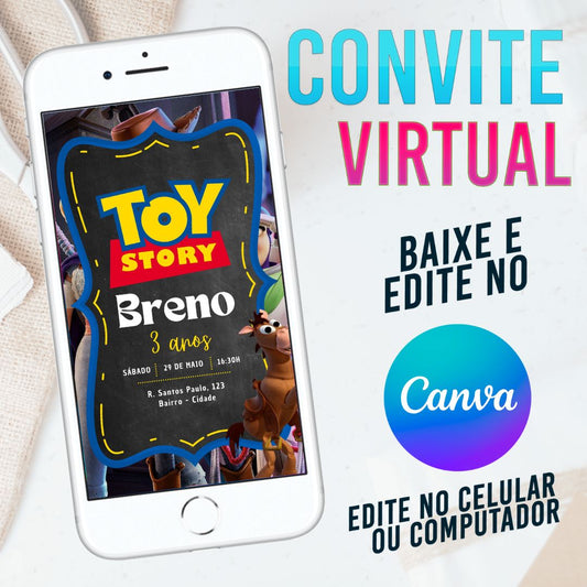 Toy Story convite Editável no Canva. Convite Virtual Toy Story. Convite Virtual Toy Story Template Canva.