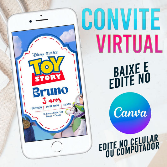 Toy Story convite Editável no Canva. Convite Virtual Toy Story. Convite Virtual Toy Story Template Canva.