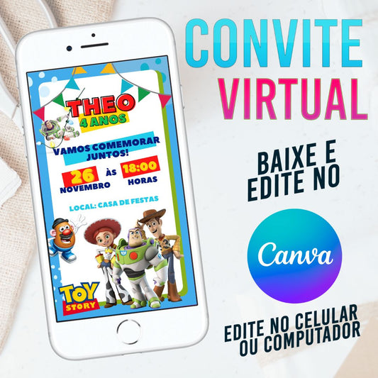 Toy Story convite Editável no Canva. Convite Virtual Toy Story. Convite Virtual Toy Story Template Canva.