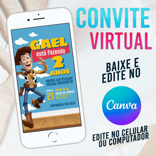 Toy Story Woody convite Editável no Canva. Convite Virtual Toy Story Woody. Convite Virtual Toy Story Woody Template Canva.