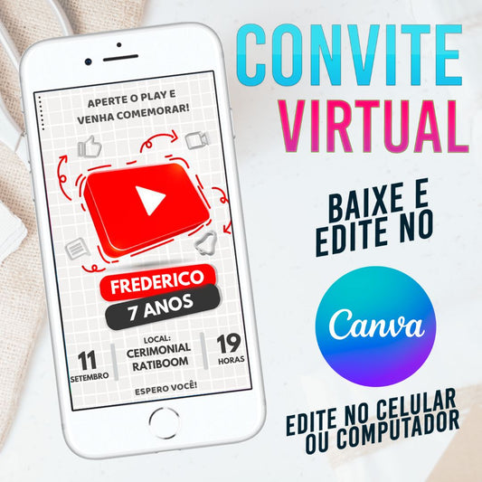 YouTube convite Editável no Canva. Convite Virtual YouTube. Convite Virtual YouTube Template Canva.