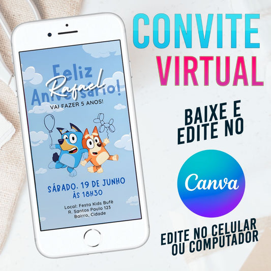 Bluey convite Editável no Canva. Convite Virtual Bluey. Convite Virtual Bluey. Template Canva.