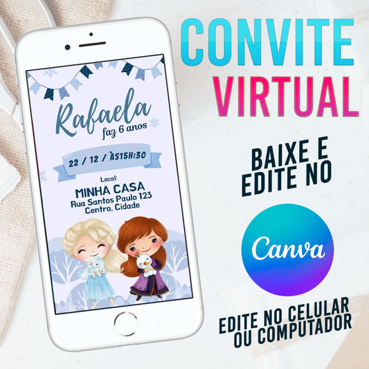 Frozen Aquarela Cute convite Editável no Canva. Convite Virtual Frozen Aquarela Cute. Convite Virtual Frozen Aquarela Cute Template Canva.