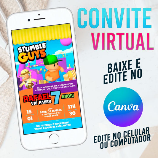 Stumble Guys Colorido convite Editável no Canva. Convite Virtual Stumble Guys Colorido. Convite Virtual Stumble Guys Colorido Template Canva.