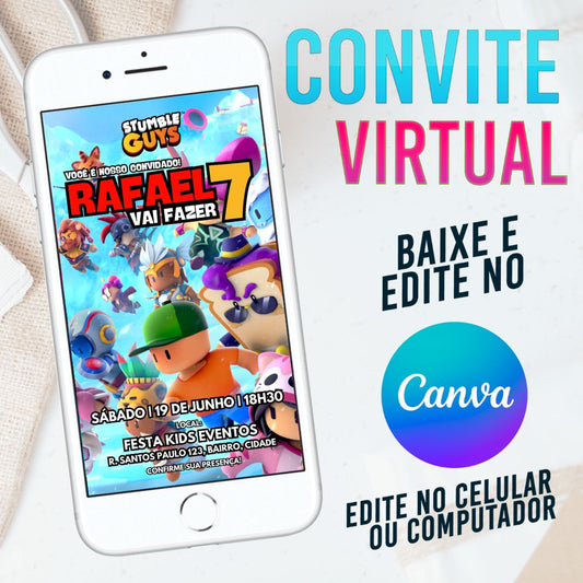 Stumble Guys 3 convite Editável no Canva. Convite Virtual Stumble Guys 3 Colorido. Convite Virtual Stumble Guys 3 Colorido Template Canva.