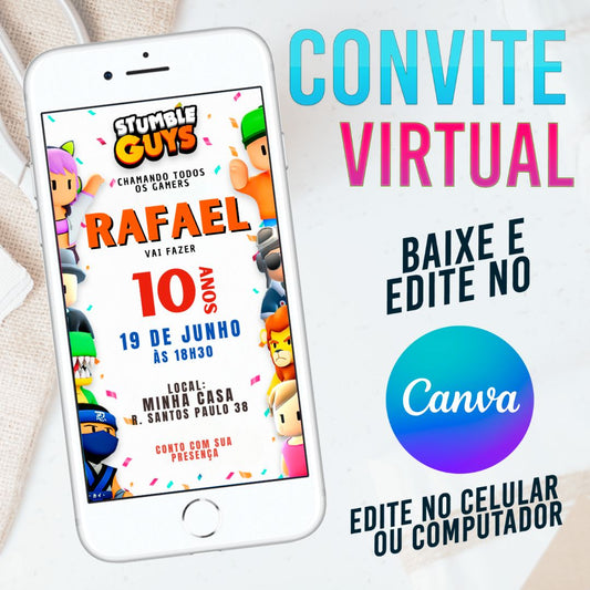 Stumble Guys convite Editável no Canva. Convite Virtual Stumble Guys. Convite Virtual Stumble Guys Template Canva.