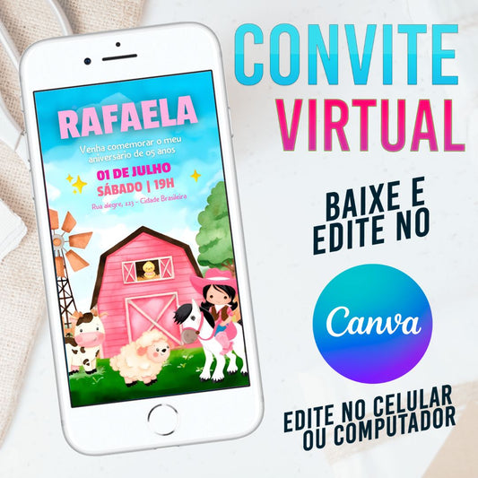 Fazendinha Rosa Cowgirl Boiadeira Convite Digital editável no Canva. DIY Fazendinha Rosa Cowgirl Boiadeira Convite. Template Canva. Convite Boiadeira Canva.