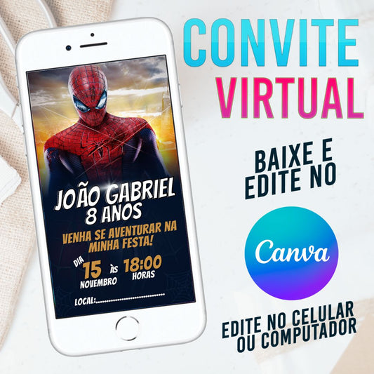 Homem Aranha convite Editável no Canva. Convite Virtual Homem Aranha. Convite Virtual Homem Aranha Template Canva.