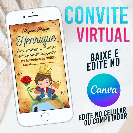 Pequeno Príncipe convite Editável no Canva. Convite Virtual Pequeno Príncipe. Convite Virtual Pequeno Príncipe Template Canva.