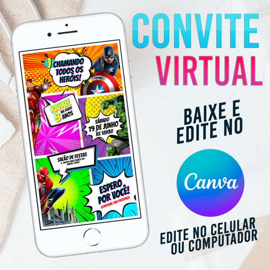 Vingadores Convite Virtual. Convite Virtual Vingadores Template Canva. Convite Vingadores Canva.