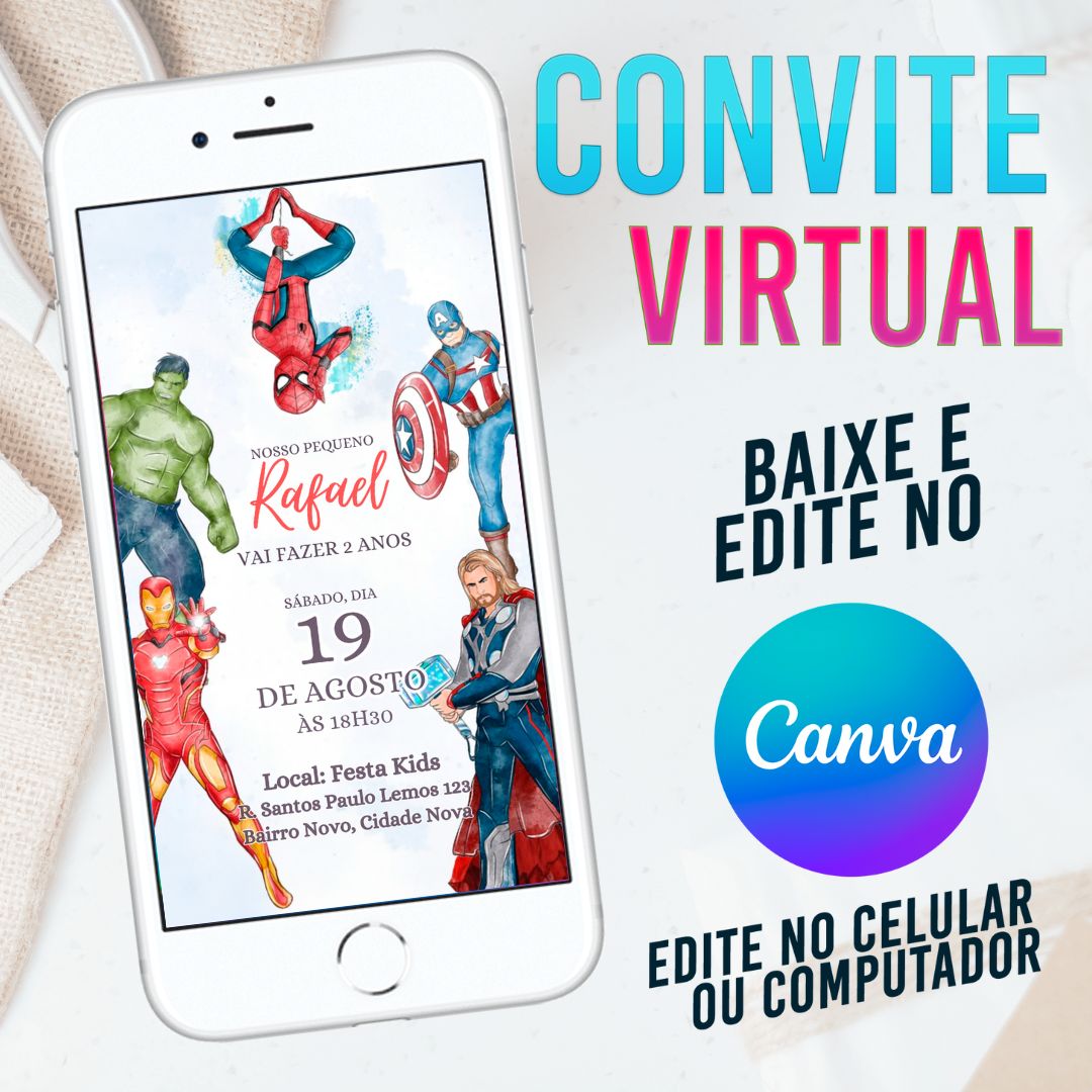 Vingadores Aquarela convite Editável no Canva. Convite Virtual Vingadores Aquarela. Convite Virtual Vingadores Aquarela Template Canva.